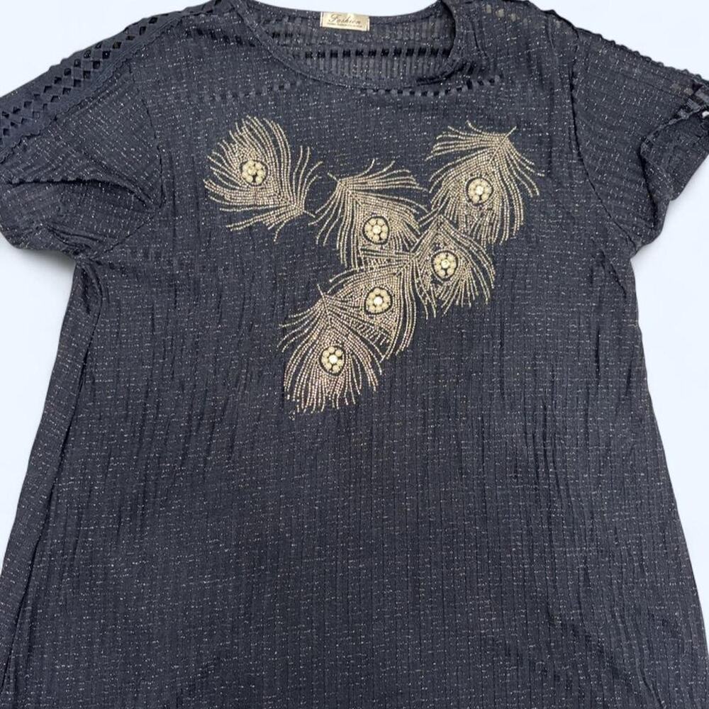 Women’s Navy Large Peacock Feather Embellished Stretch Top Beaded Y2K Blouse